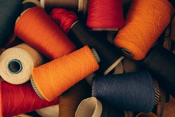 stock image Composition of colorful vibrant wool threads from above. Autumn colours