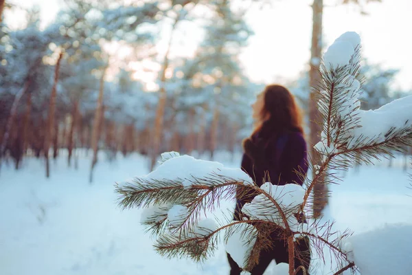 Genç Bir Kadın Kar Ormanında Kış Havasının Tadını Çıkarıyor Soğuk — Stok fotoğraf