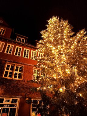 Mutlu yıllar ve Noel konsepti. Noel ağacı ve çelenkleri olan rahat sokaklar