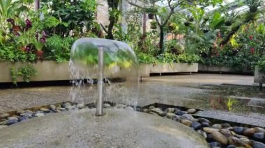 Water of a fountain splashing water drops in botanical garden.