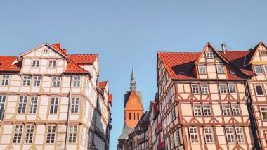 Old town and Marktkirche church in Hannover, Germany. Half-timbered buildings of old town