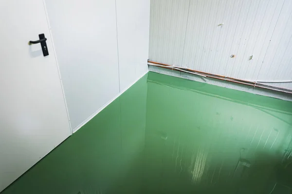 Epoxy and waxed green floor newly applied in the industrial hall