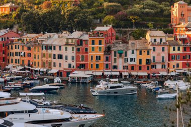 Liguria, Italy, Europe.  View from above over beautiful Portofino with colorful houses and villas,  in little bay harbor. 