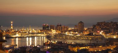 Genoa, 27 October 2021 stunning panoramic aerial view of the port of Genoa In the evening