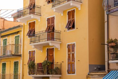 İtalya 'nın 5 Terre bölgesindeki Manarola kentindeki zarif balkonları ve süslü bitkileriyle güzel renkli binaların etkileyici manzarası. Kompozisyon, geleneksel İtalyan mimarisini mükemmel bir şekilde yakalıyor. 