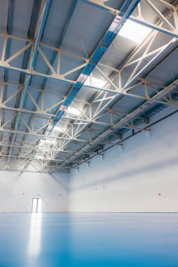 Mavi zeminli boş spor salonu tavan pencerelerinden gelen ışığı yansıtıyor