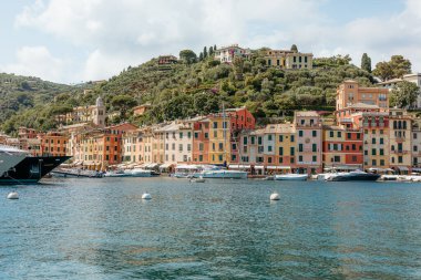 Yatlar Portofino limanına yanaşıyor. Renkli binalar, restoranlar ve yemyeşil alanlar arka planda.