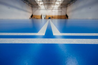 Beyaz çizgiler oyun alanını mavi epoksi zeminde büyük boş bir spor salonu ile kaplıyor.
