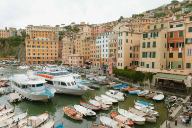 İtalya 'nın Camogli limanına bakan renkli binalar. Birçok tekne kenetleniyor.