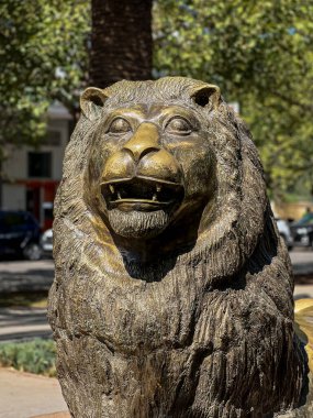 Fez şehir merkezinde bronz bir aslan heykeli portresi