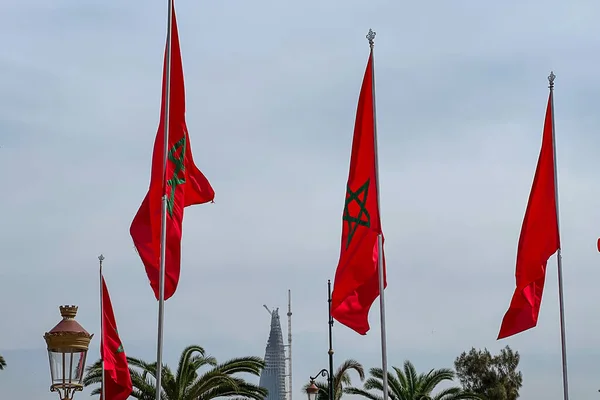 Arka planda bulutlu bir gökyüzü dalgalanan Fas bayrakları