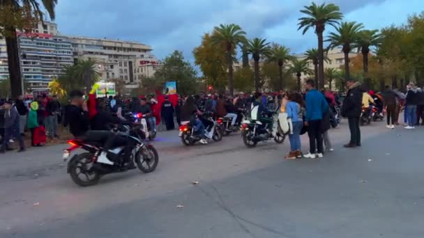 Abanicos Marroquíes Con Banderas Ondeando Bloqueando Las Carreteras Después Victoria — Vídeos de Stock