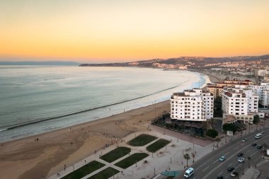 Aerial view over the buildings downtown Tanger nearby the Mediterranean Sea in Morocco