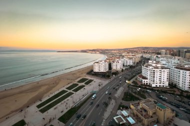Aerial view over the buildings downtown Tanger nearby the Mediterranean Sea in Morocco