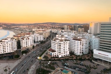 Aerial view over the buildings downtown Tanger nearby the Mediterranean Sea in Morocco