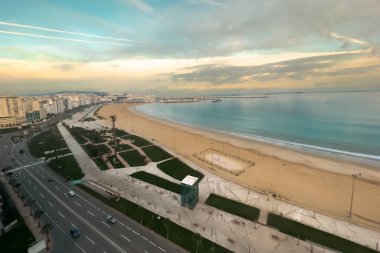 Aerial view over the buildings downtown Tanger nearby the Mediterranean Sea in Morocco