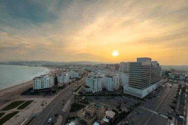 Aerial view over the buildings downtown Tanger nearby the Mediterranean Sea in Morocco