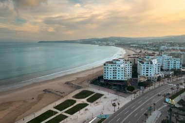 Aerial view over the buildings downtown Tanger nearby the Mediterranean Sea in Morocco