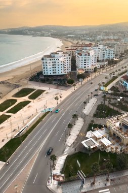 Aerial view over the buildings downtown Tanger nearby the Mediterranean Sea in Morocco