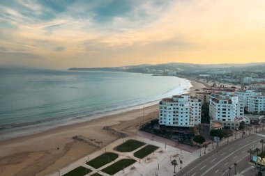 Aerial view over the buildings downtown Tanger nearby the Mediterranean Sea in Morocco
