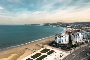Aerial view over the buildings downtown Tanger nearby the Mediterranean Sea in Morocco