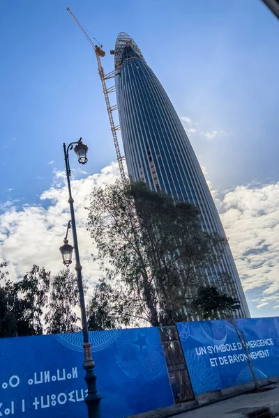 Car window view over the Mohammed VI tower in Rabat, Morocco