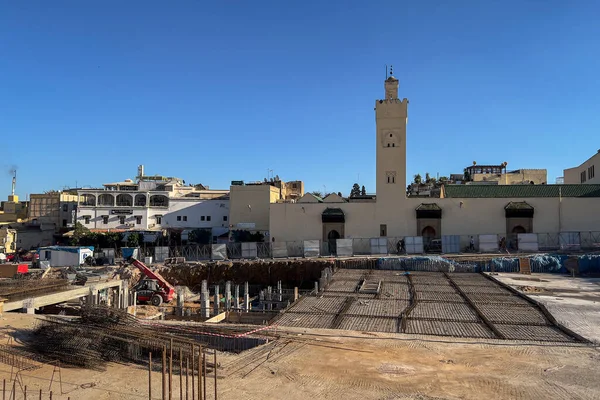 Underground parking lot under construction next to the blue gate in the medina of Fez