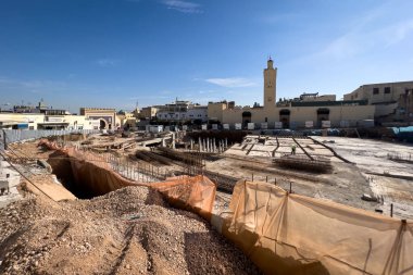Underground parking lot under construction next to the blue gate in the medina of Fez