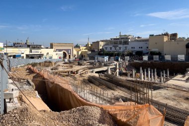 Underground parking lot under construction next to the blue gate in the medina of Fez