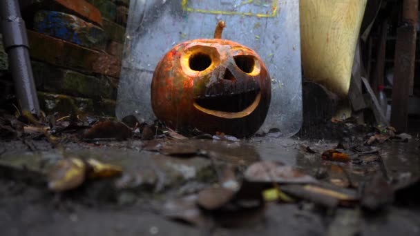 Halloween Oranžové Dýně Slumech Dešti — Stock video