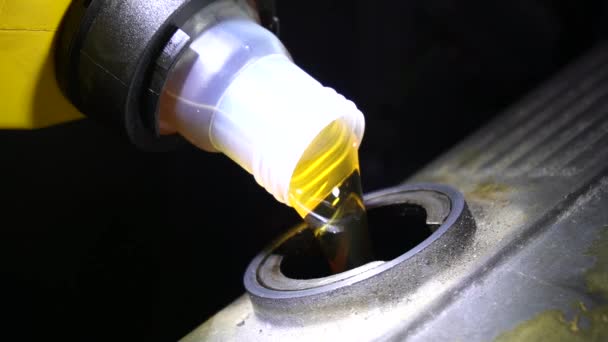 修车时 机修工将冷却剂和润滑剂倒入发动机和汽车零部件 — 图库视频影像
