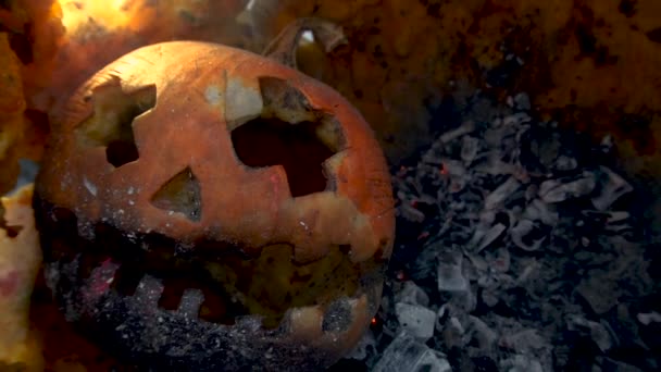 Оранжевый Хэллоуин Тыква Пепле Пожара Дворе — стоковое видео