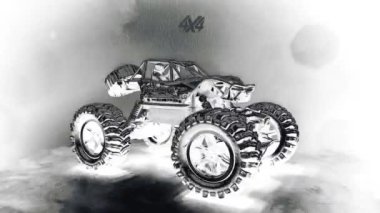 off-road toy car turns with big tires art creative rendering animated photo video black and white