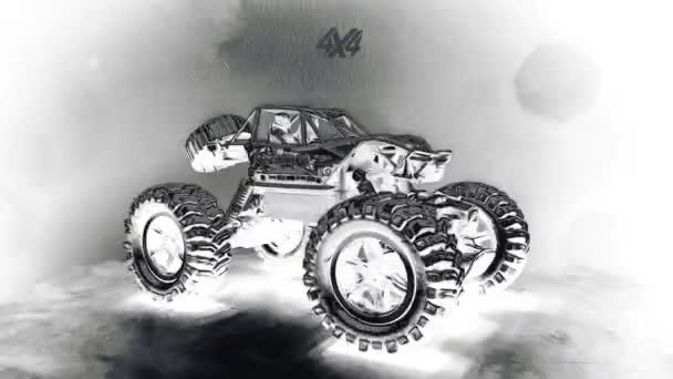 Road Toy Car Turns Big Tires Art Creative Rendering Animated — Video Stock