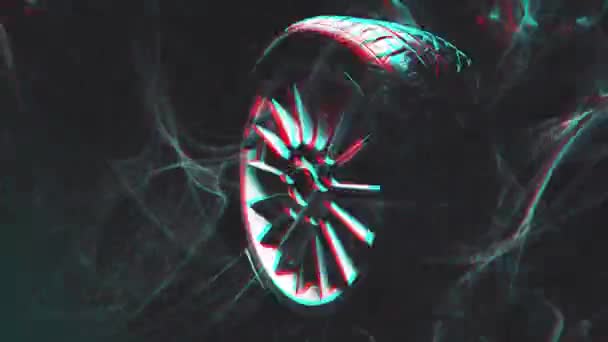 写真からのアートビデオ古い車の車輪チタンリム暗い背景回転運動シミュレーション上の長時間露光ビデオ — ストック動画