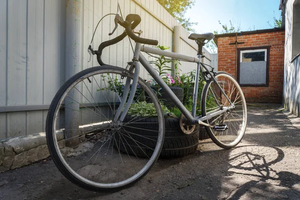 Yazın Spor Gri Bisiklet Bahçede Gün Işığında — Stok fotoğraf