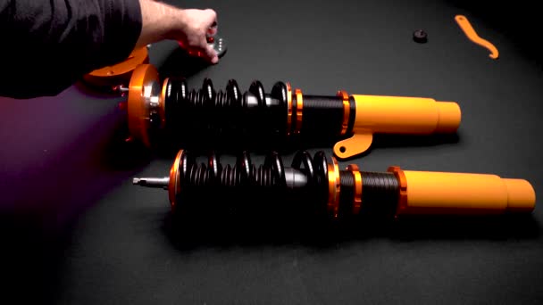 Tuning Car Suspension Coilovers Shock Absorbers Front Springs Yellow Gold — Stock Video
