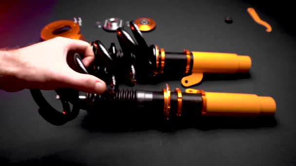 Tuning Car Suspension Coilovers Shock Absorbers Front Springs Yellow Gold — Stock Video
