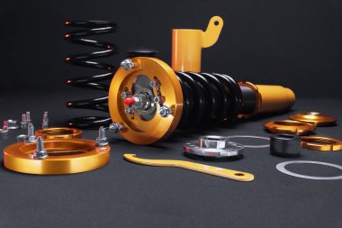 süspansiyon ayarı, bobinler, şok emiciler ve sarı ve altın renkli ön yaylar koyu arka planda bir spor drift araba için