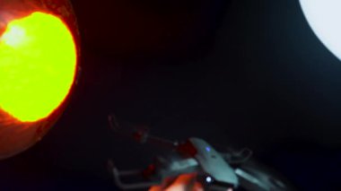 Karanlık bir odada bir insanın elindeki kırmızı ışıkla aydınlatılan bir kuadkopter uçma ve fırlatma simülasyonu