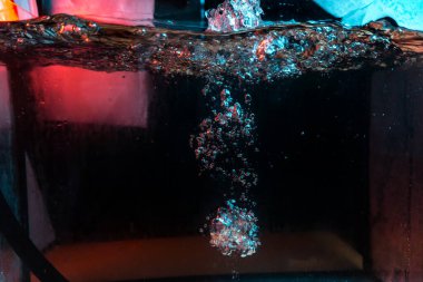 Su dokusu gürleyen kaos içinde hava kabarcıkları yaratıyor mavi ve kırmızı ışıkta dışarı kaçıyorlar.