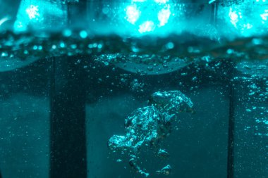 Suyun dokusu, hava kabarcıklarının oluşturduğu gürleyen bir kaostur. Mavi ışıkta dışarıya doğru kaçıyorlar.