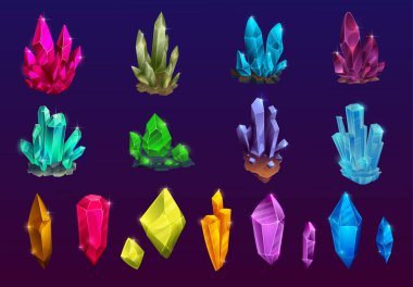 Cartoon colorful crystals set. Magic shiny gems, jewelry elements. Vector icons on dark background.