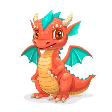 Little cute cartoon red baby dragon, with wings, horns and tail. Funny fantasy character, young mythical reptile monster, isolated on white background.