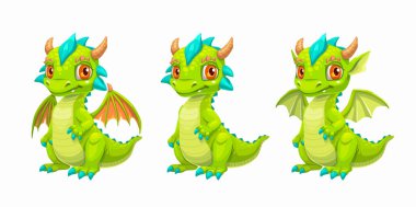 Little cute cartoon green baby dragon, different variations of wings, horns and tail. Funny fantasy character, young mythical reptile monster, isolated on white background.