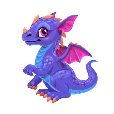 Little cute cartoon baby dragon with wings. Funny fantasy smiling character, young friendly mythical reptile monster, isolated on white background.
