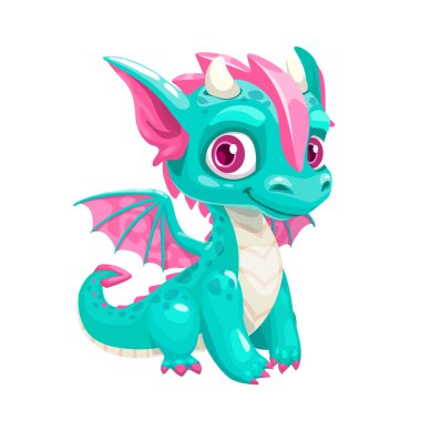 Little cute cartoon blue baby dragon with horns and wings. Funny fantasy character, young mythical reptile monster, isolated vector icon on white background.
