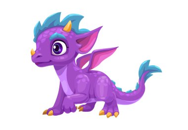 Little cute cartoon purple baby dragon with horns and wings. Funny fantasy smiling character, young friendly mythical reptile monster, isolated on white background.