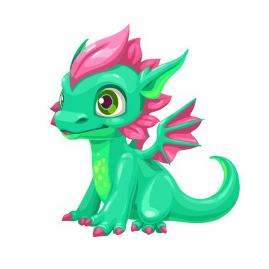 Little cute cartoon green baby dragon with wings. Funny fantasy smiling character, young friendly mythical reptile monster, isolated on white background.