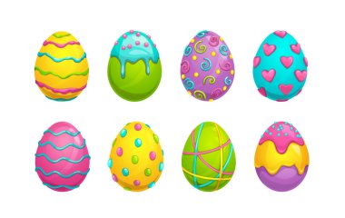 Set of colored and decorated eggs in cartoon style. Traditional Easter holyday egg symbol with stripes, dots and patterns. Isolated colorful vecor icons on white background.
